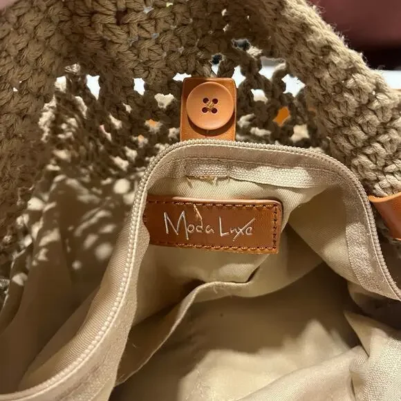 Moda Luxe Boho Crochet Tote Bag | Tan Macramé Market Bag Coastal French - Picture 4 of 8